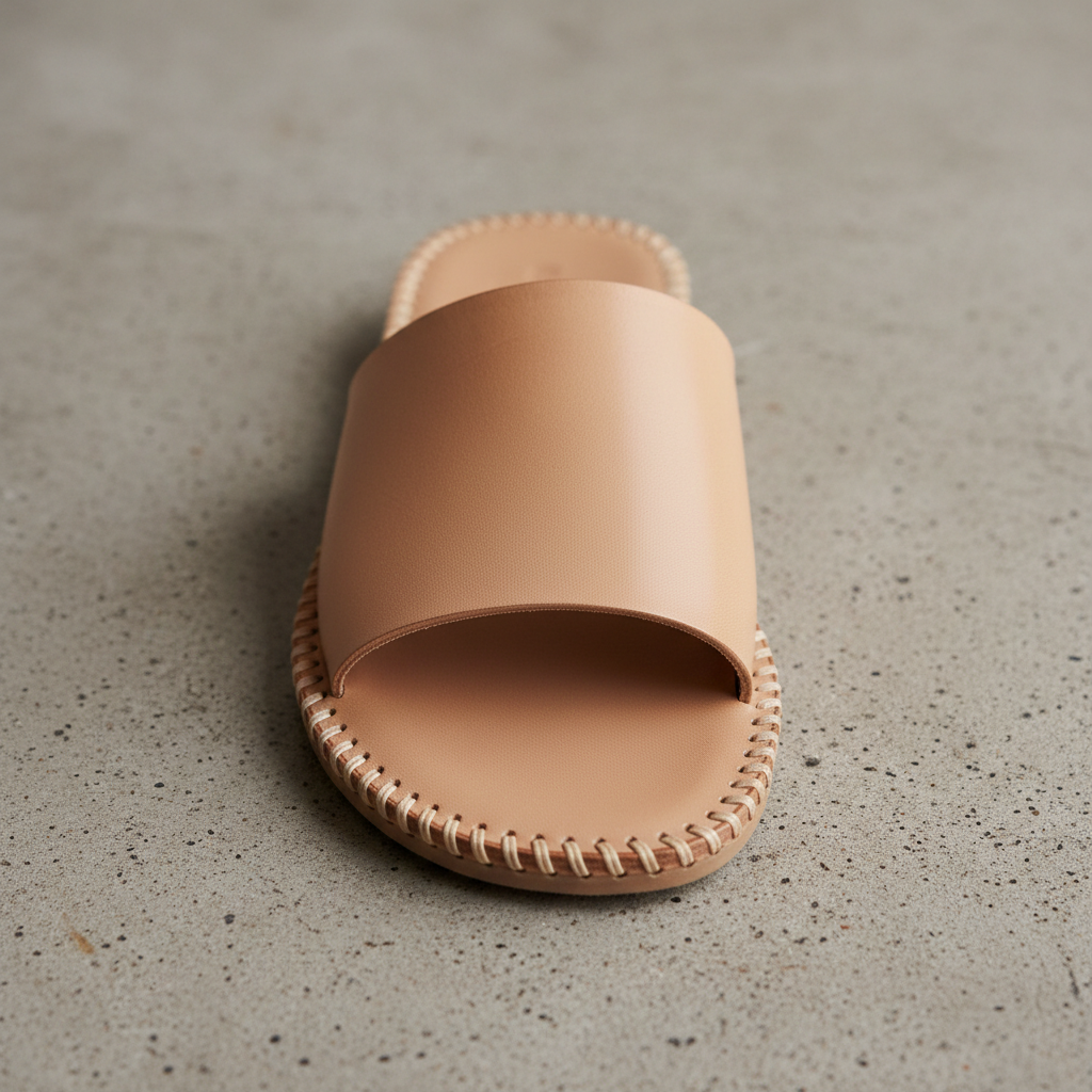 Minimalist tan leather slide sandal, side view on clean surface