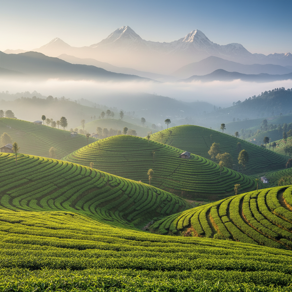 Darjeeling tea gardens with Himalayan peaks in the background
