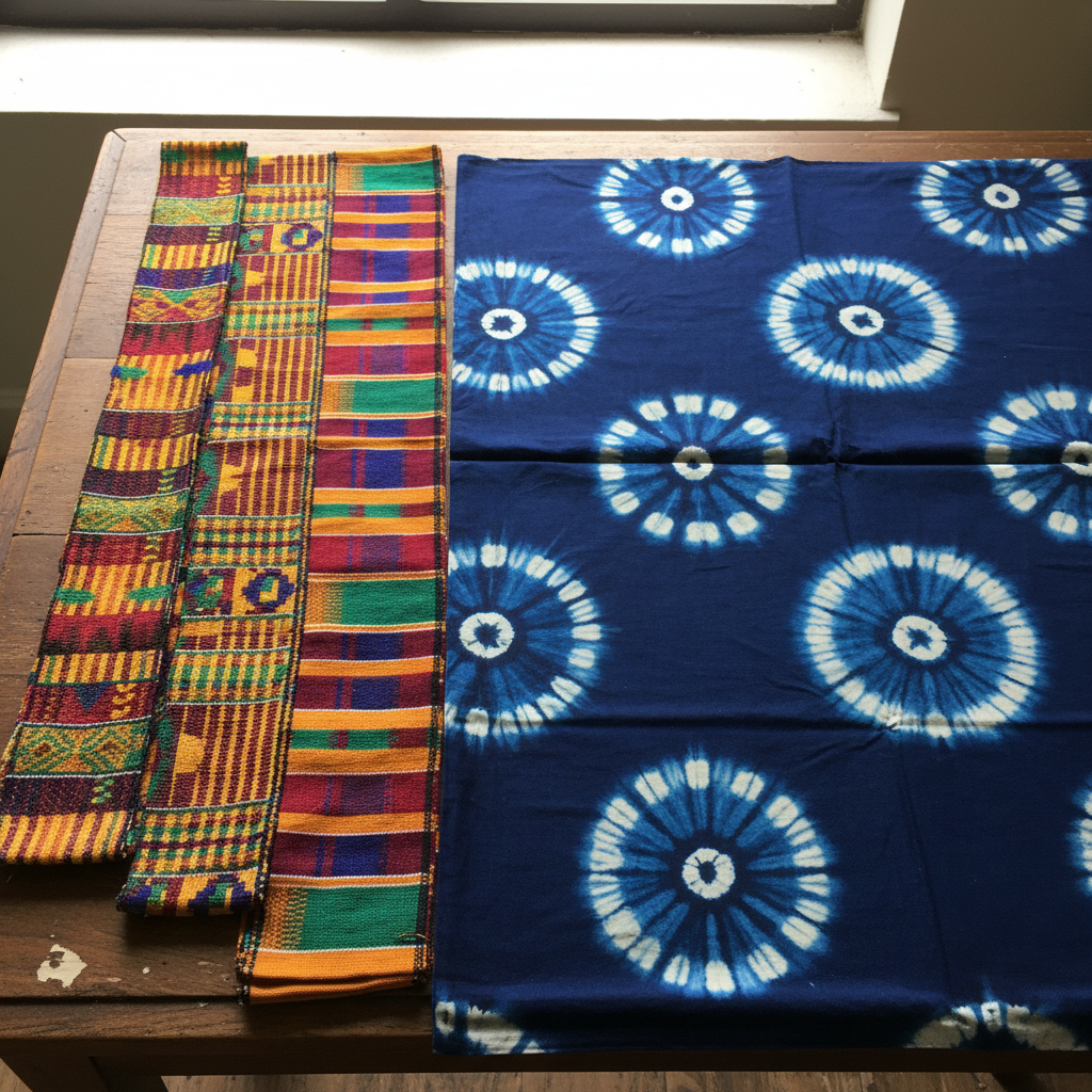 Colorful kente print headwrap fabric folded on a wooden surface