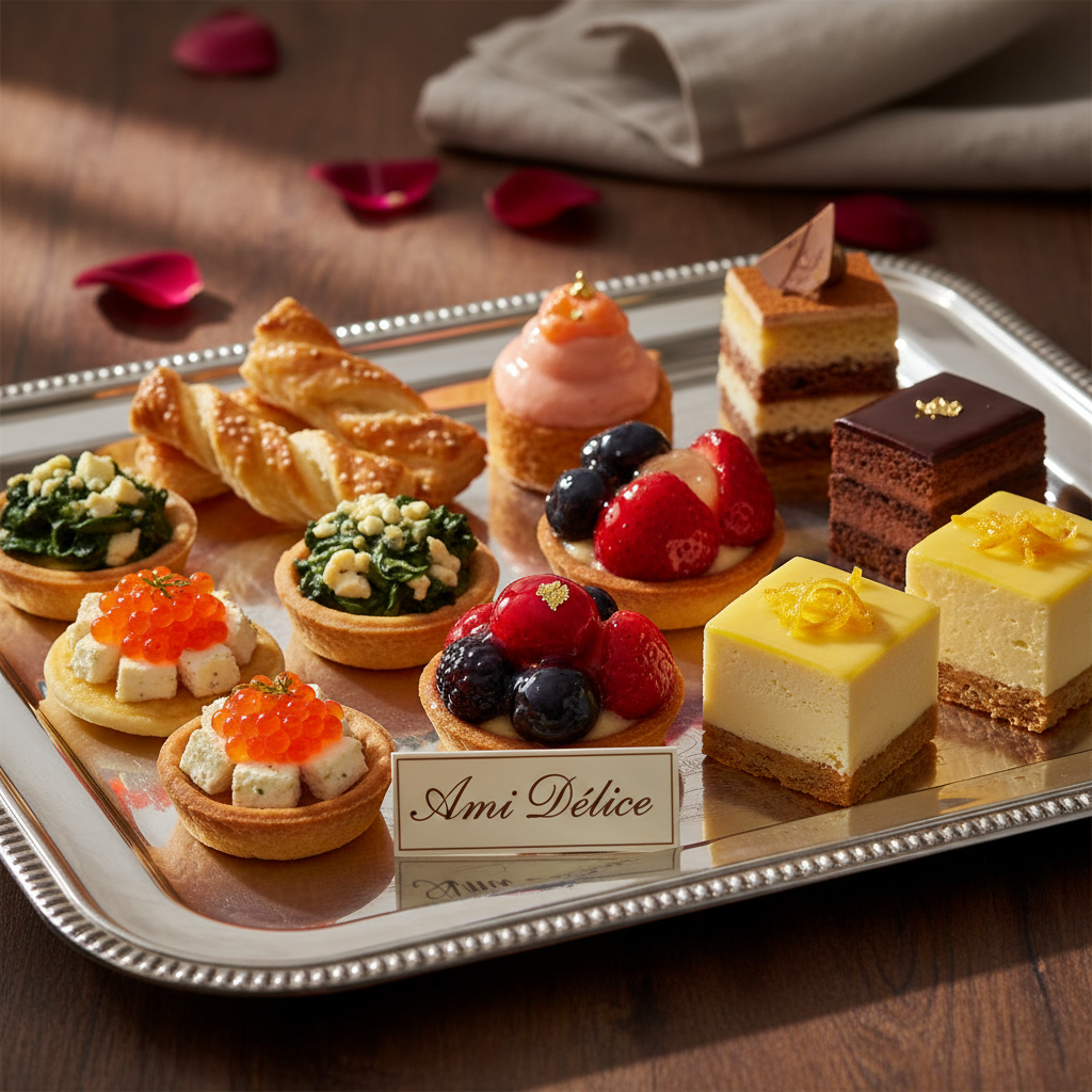 Assorted mini appetizers and bite-sized pastries arranged on elegant white tray with warm lighting