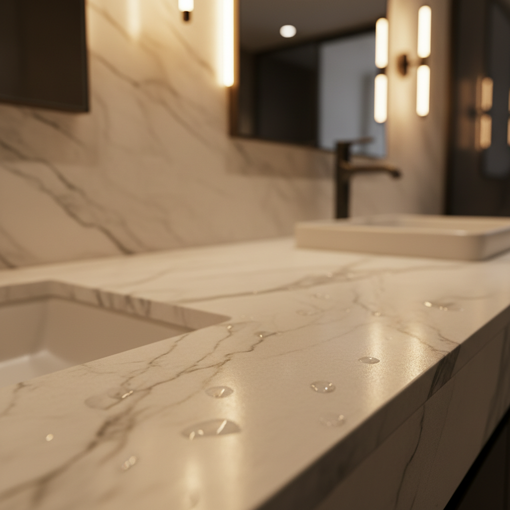 Close-up of brushed marble countertop with architectural lighting detail