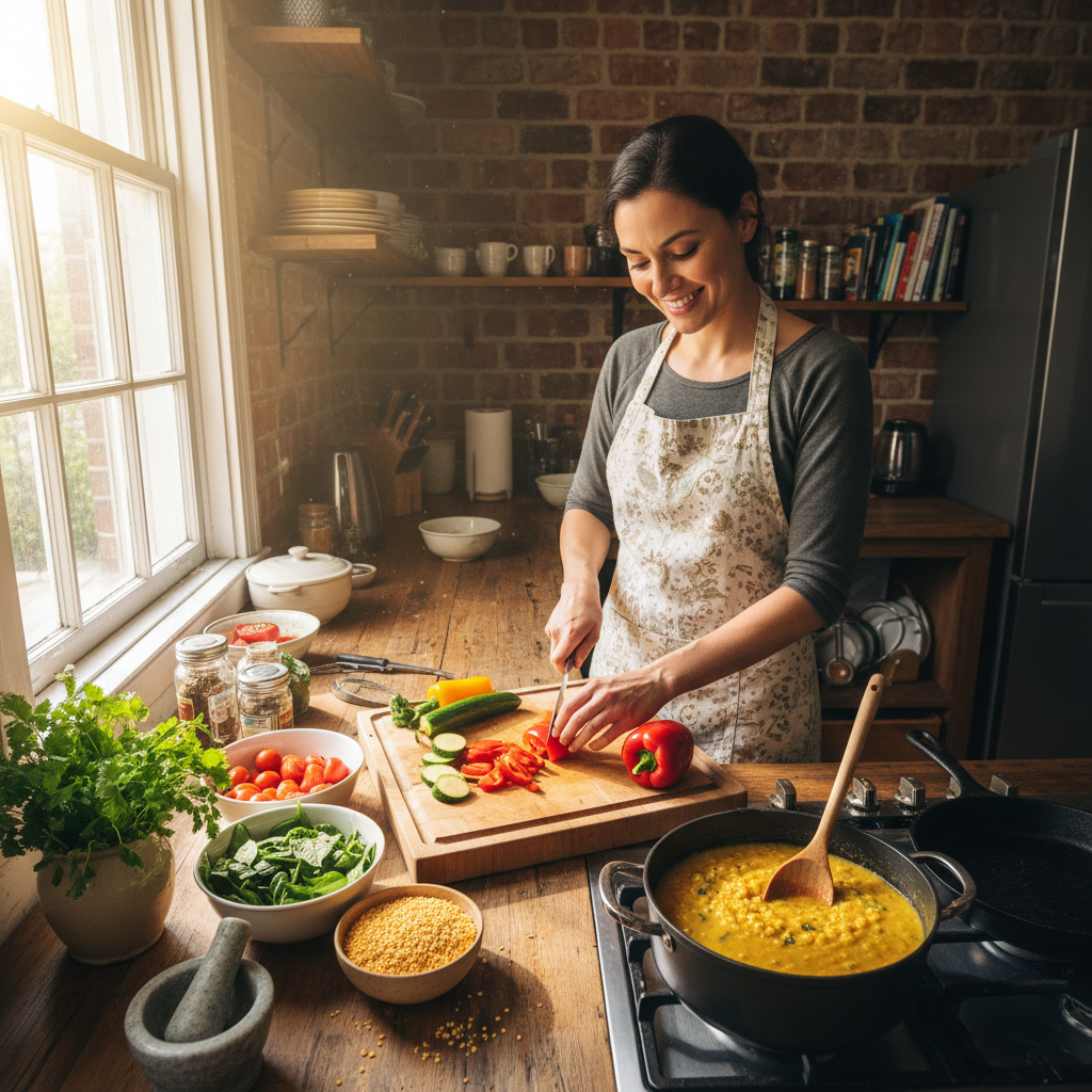 Freshly prepared home-cooked meal with colourful vegetables, rice and curry in clean kitchen setting