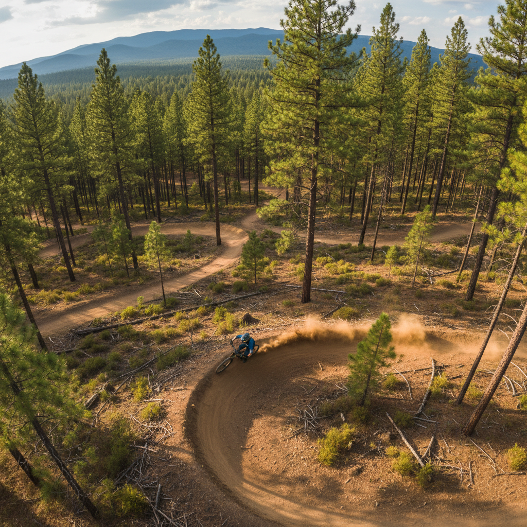 Aerial view of pine forest trail system with mountain biker carving a berm