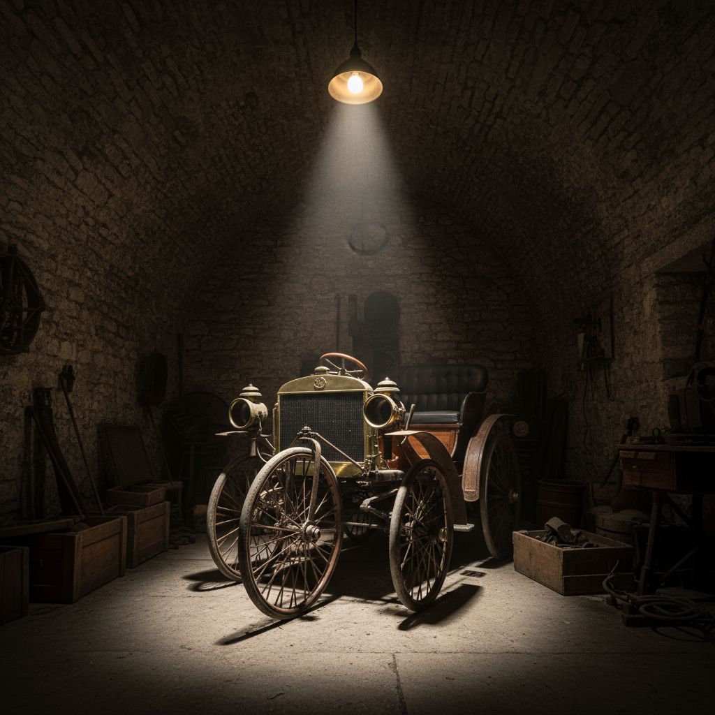 Antique three-wheeled Benz automobile in dim stone workshop, single lamp illuminating brass fittings and wooden wheels against dark background