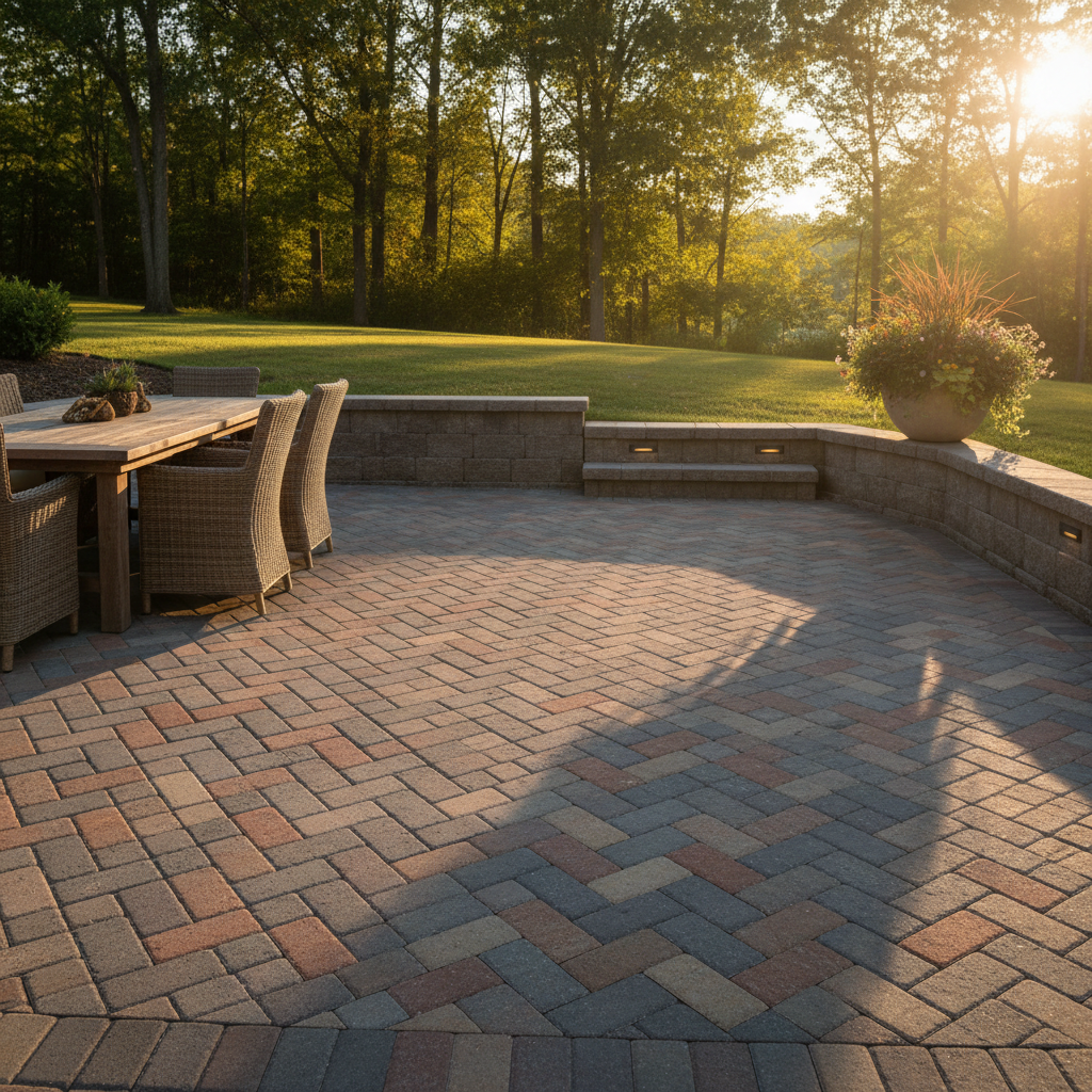 Completed herringbone paver patio with two-tier retaining wall and integrated LED step lights at golden hour