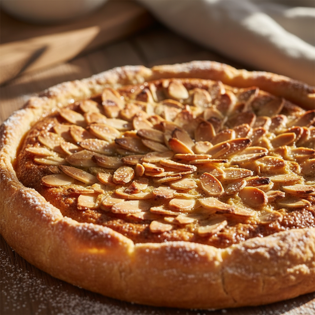 Rustic tart with caramelised pear slices arranged in a fan pattern on golden frangipane filling in a fluted pastry case