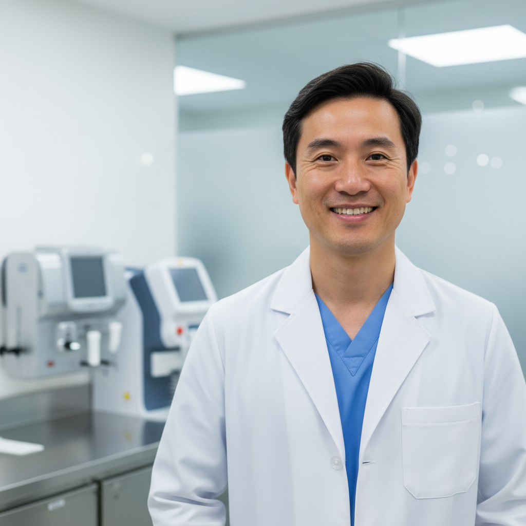 Asian male doctor in professional attire, confident expression, clean medical environment