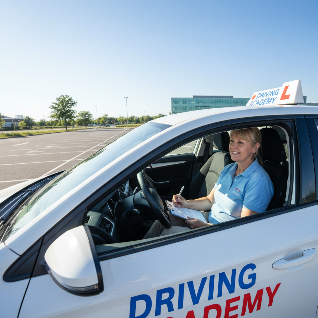 Élève en leçon de conduite avec moniteur diplômé d'une auto-école, intérieur d'un véhicule de formation, ambiance professionnelle et bienveillante pour la formation permis de conduire