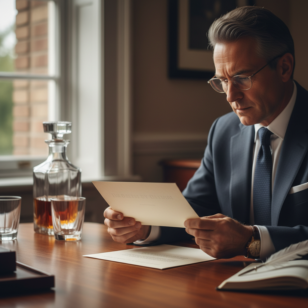 Executive at a mahogany desk, crystal decanter visible in background, reviewing engraved stationery