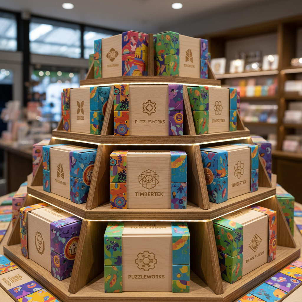 Custom branded wooden puzzle boxes with company logos and colorful printed packaging arranged in a retail display