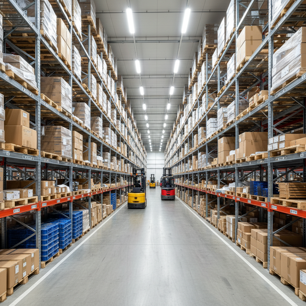 Bright, well-lit industrial warehouse interior with organized pallet racking and wide clean aisles under high bay lighting