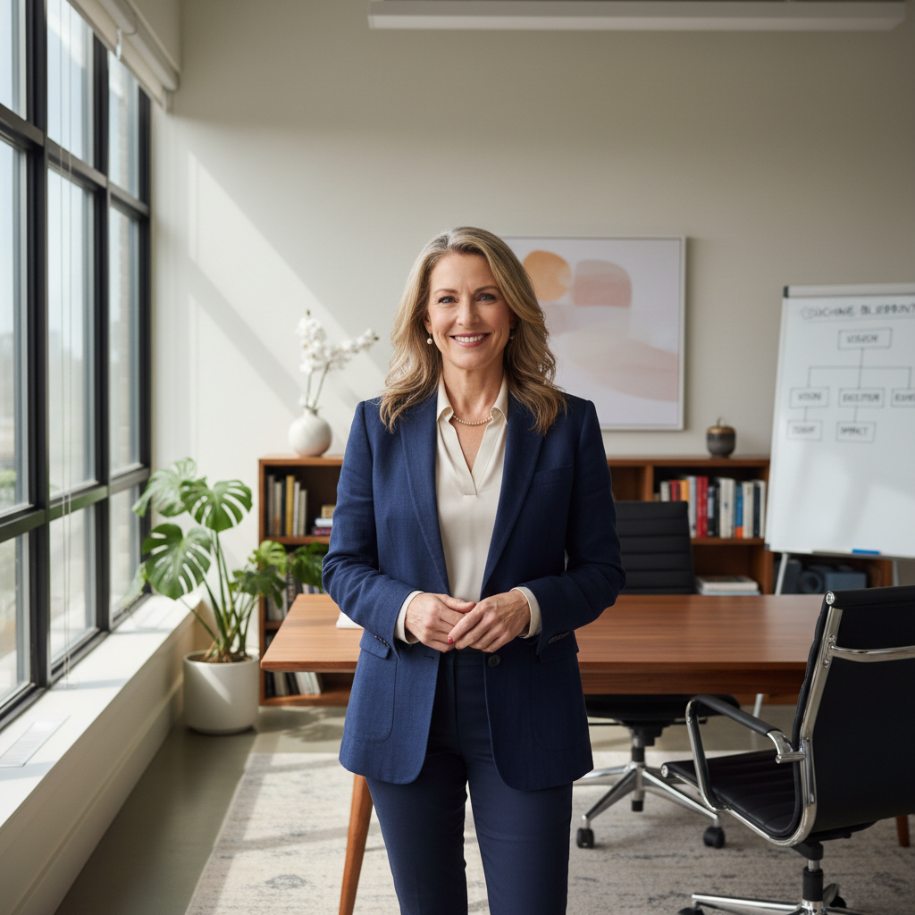 Professional woman in business attire smiling in bright modern office
