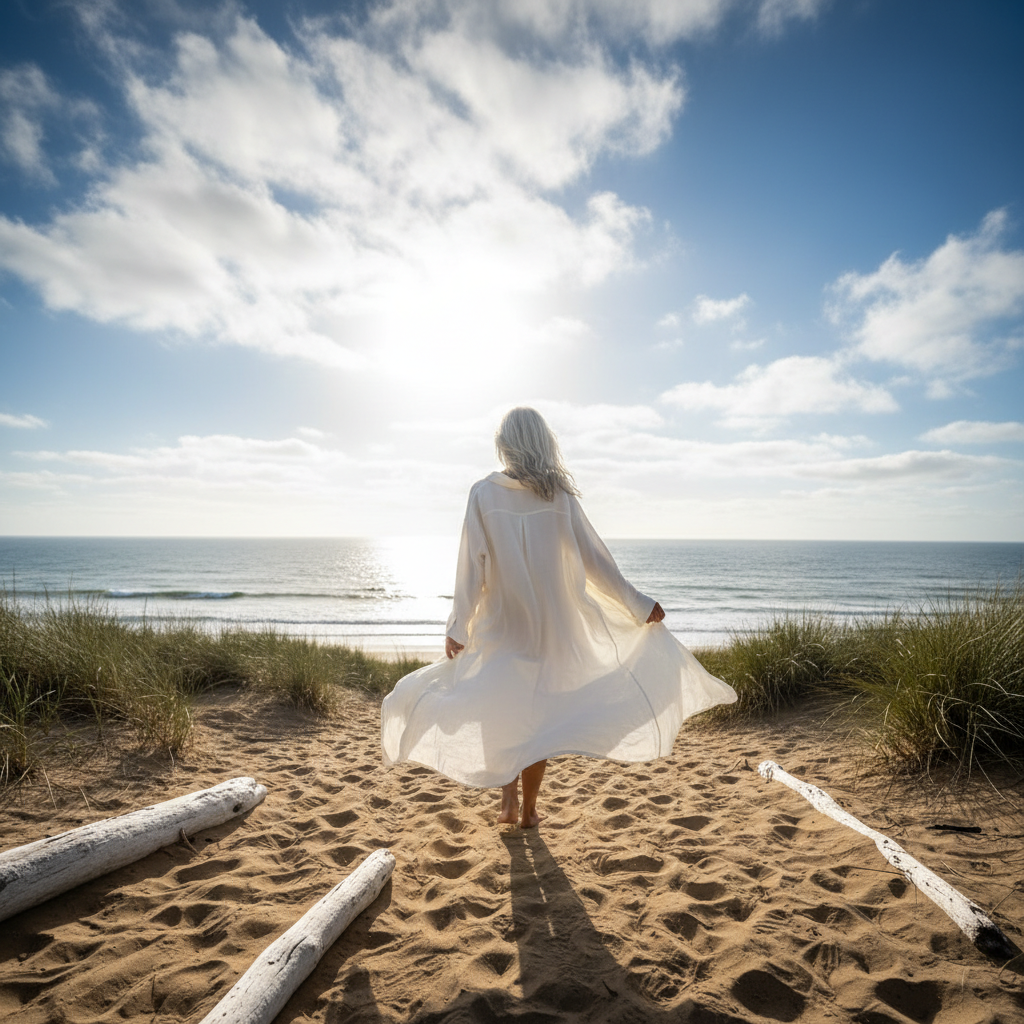 Silver-haired woman in oversized ivory linen shirt walking toward a blown-out coastal horizon