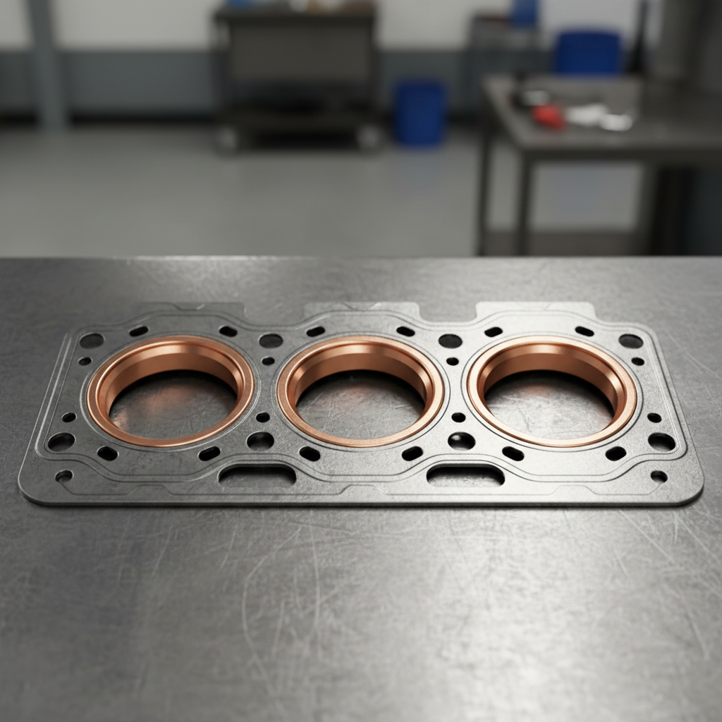 New multi-layer steel head gasket with updated fire ring inserts ready for installation