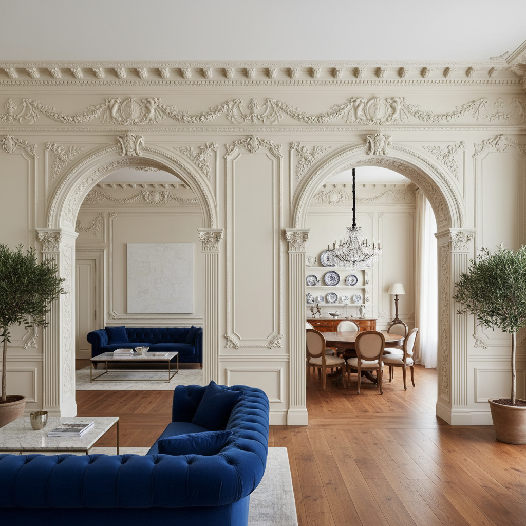 Decorative partition screen dividing living and dining area, geometric cutout design