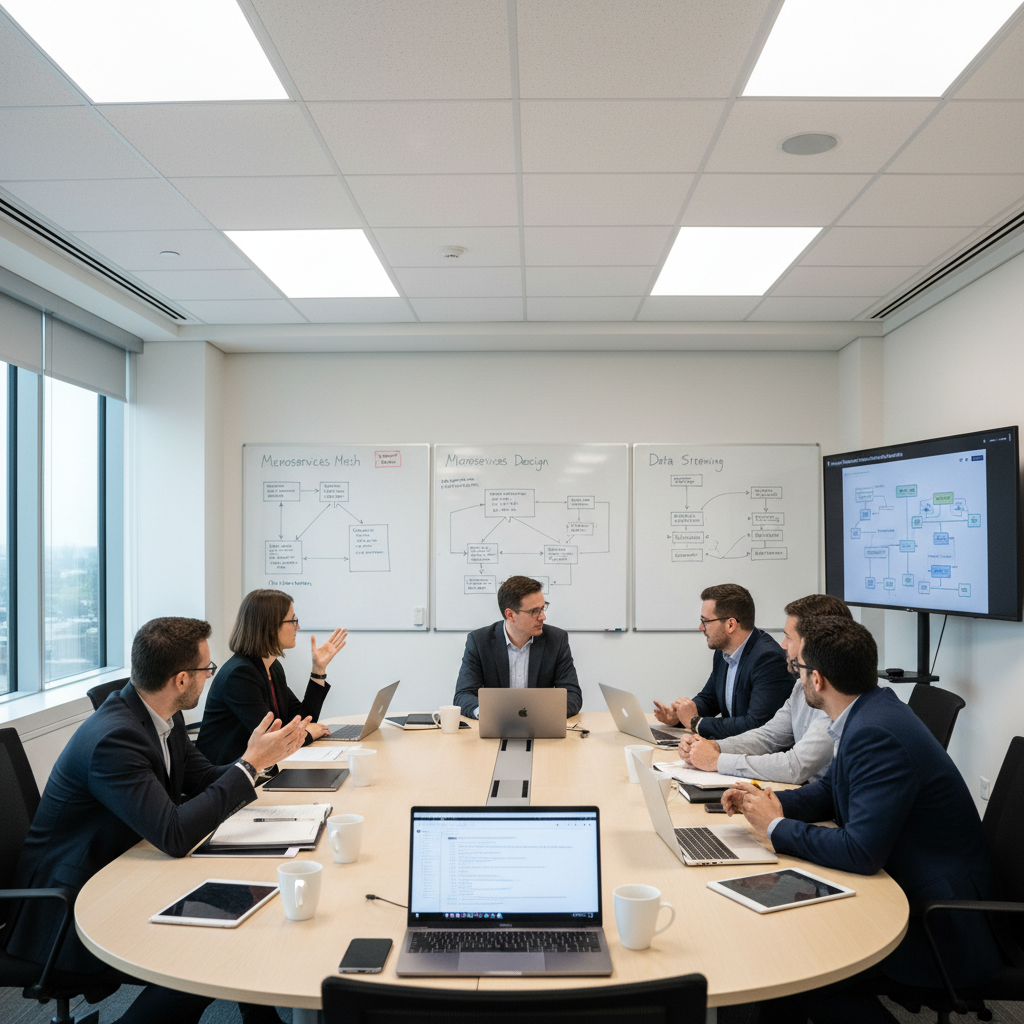 Team in modern office boardroom reviewing technical architecture diagrams on whiteboard