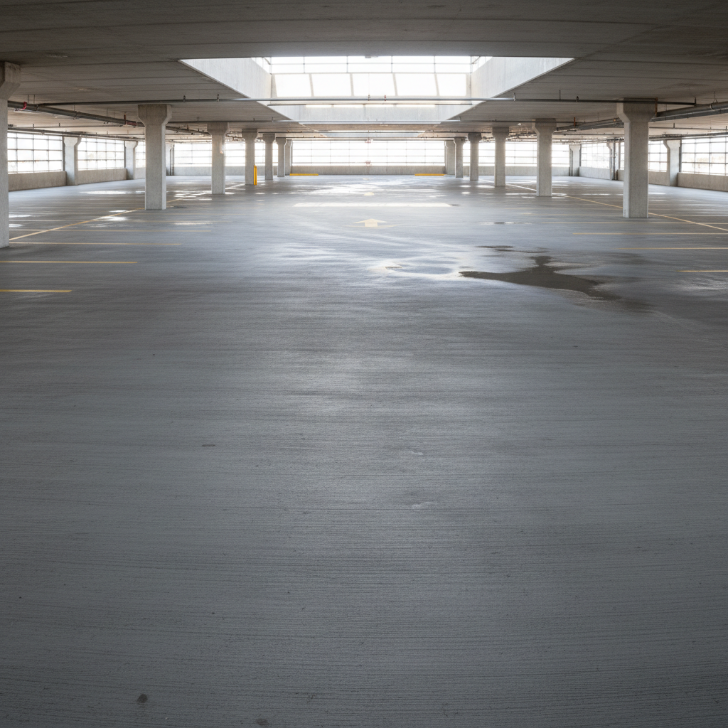 Clean concrete driveway surface after pressure washing, bright sunlight, no stains or grime