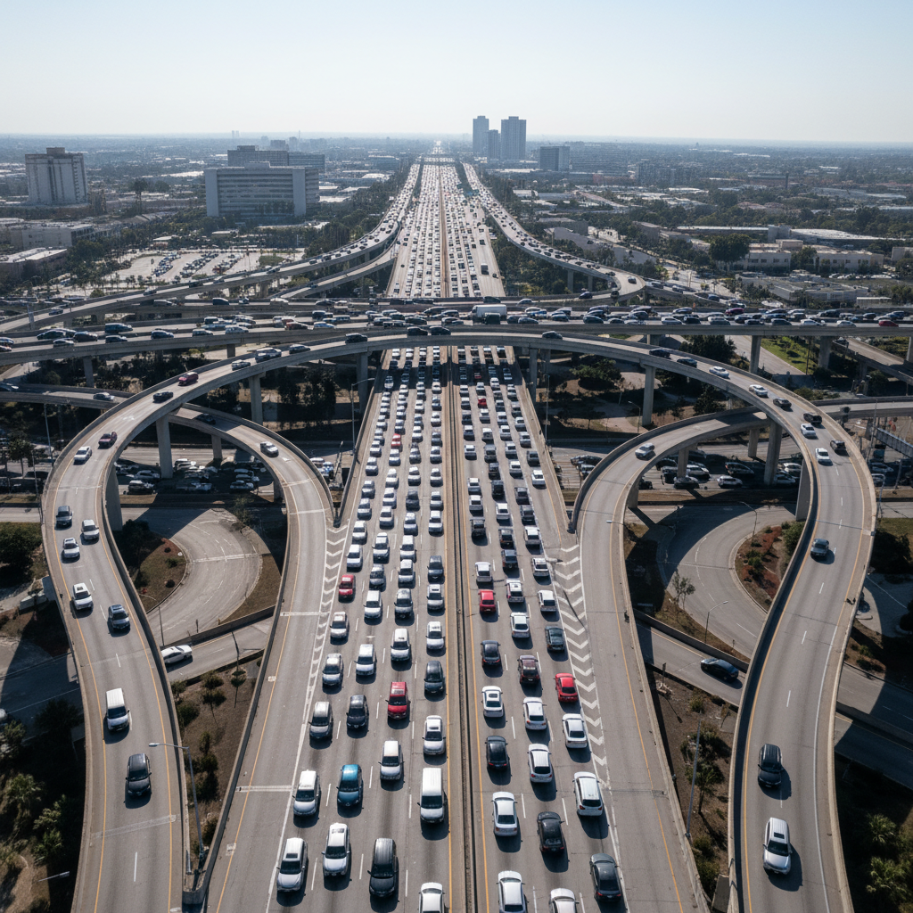 Gridlocked highway interchange at rush hour, cars bumper to bumper