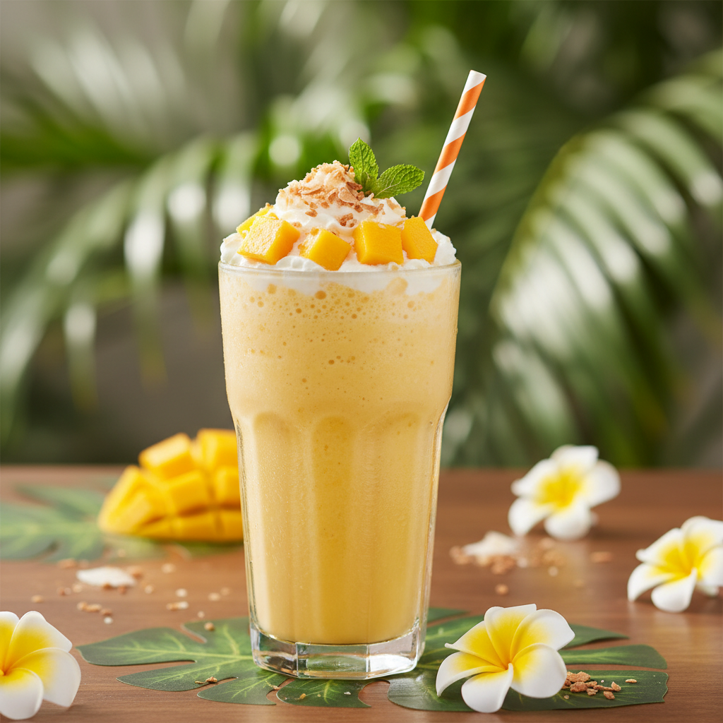 Mango Shake — Fresh mango milkshake, Indian café food photography with warm colours and appetising presentation