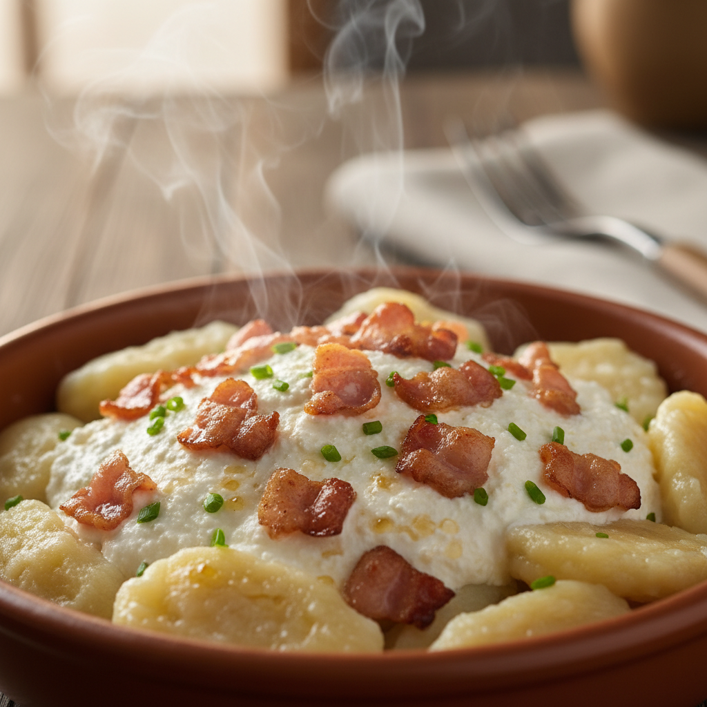Steam rising dramatically from a bowl of halušky dumplings topped with bryndza cheese and crispy bacon