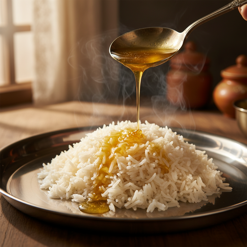 Ghee being poured onto hot rice in a steel thali