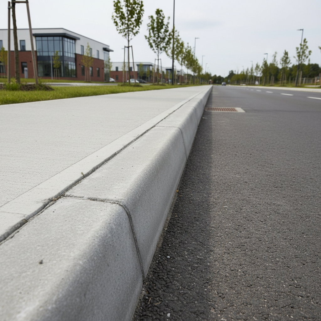 Concrete road kerbs installed along a road edge