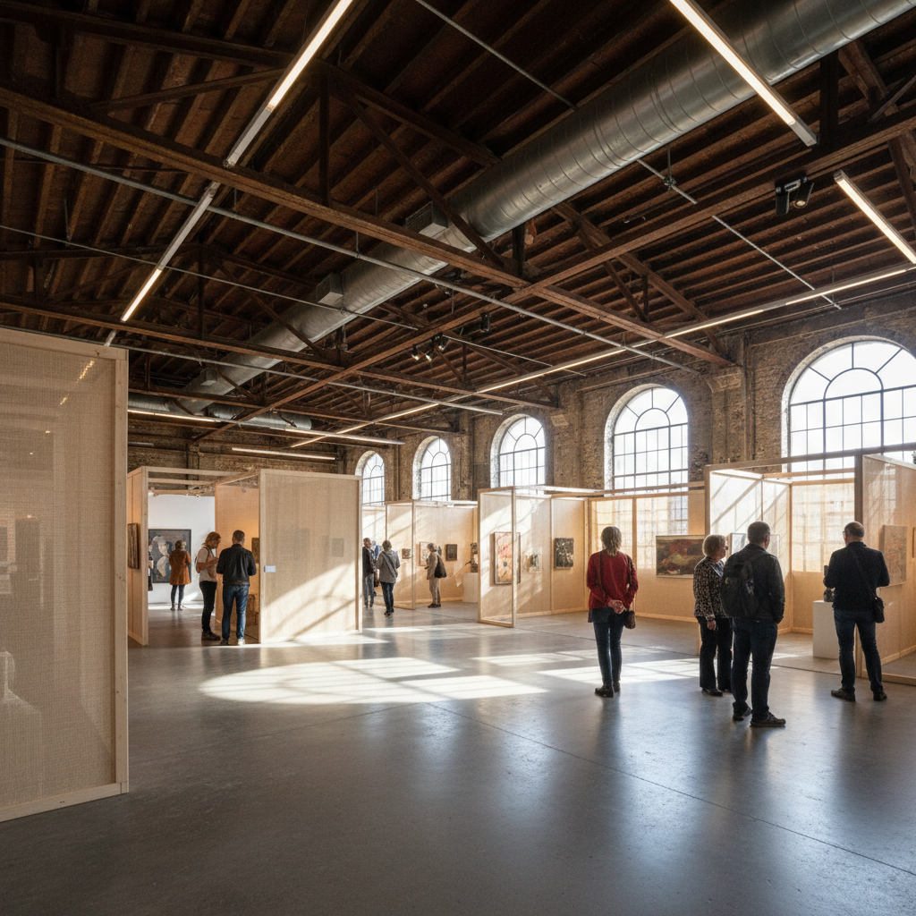 Converted warehouse interior with exposed brick and high ceilings