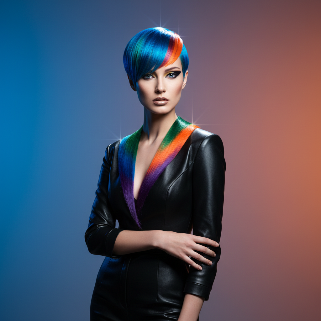 Model with geometric precision haircut and multi-tonal color panels catching studio light in different directions