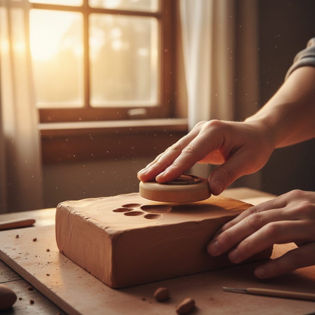 Hands pressing leaves into clay creating nature print art in outdoor workshop setting