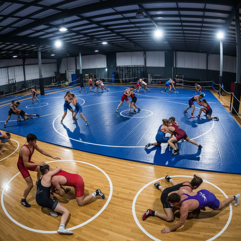 Wrestlers practicing live wrestling in an open mat session at a training facility