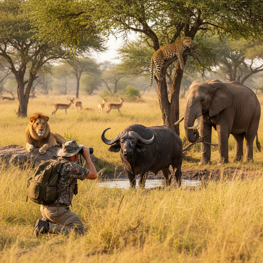 African buffalo herd on dry savanna plains at golden hour, dramatic low sun, deep amber dust haze, dark silhouetted acacia trees