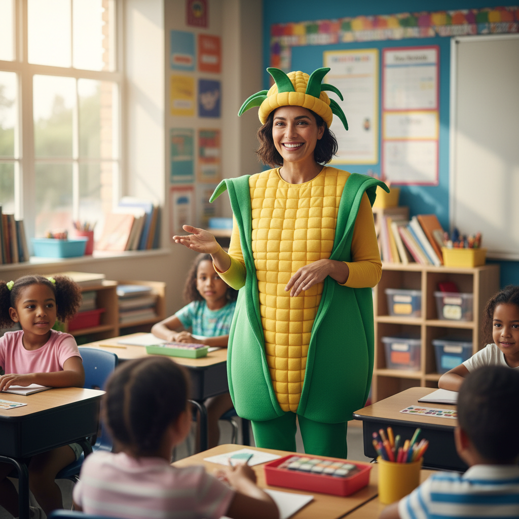 Elementary school teacher dressed as ear of corn for class play