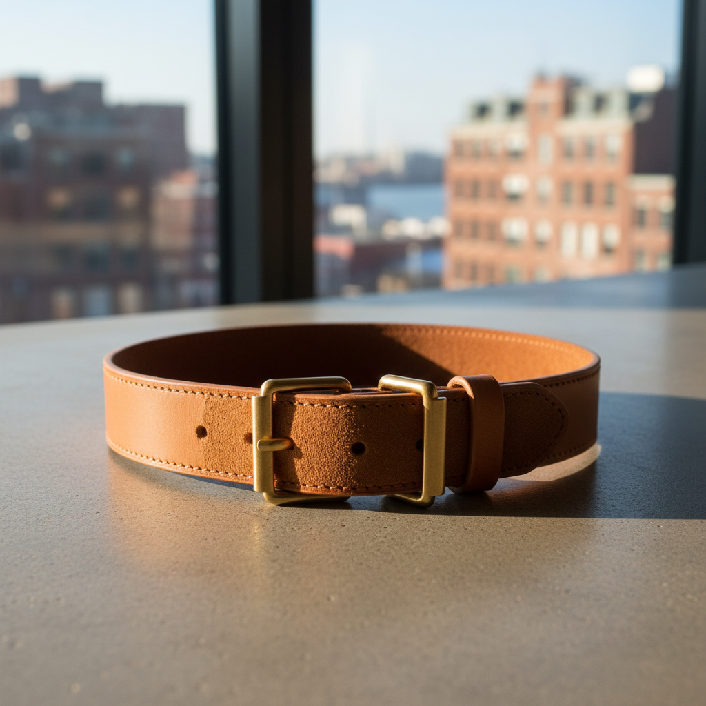 Brown leather dog collar with metal hardware on wooden surface