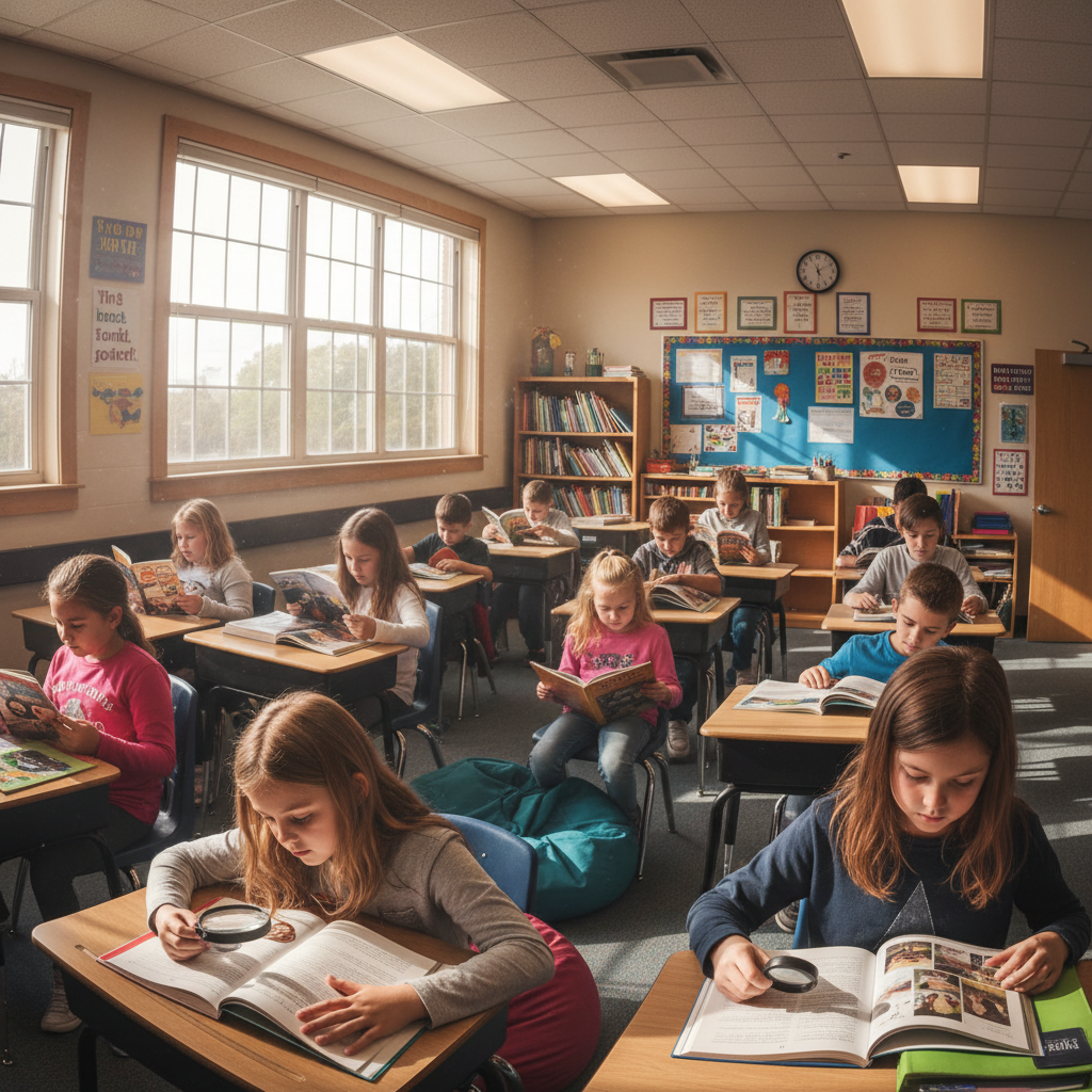Children sitting at desks reading colourful textbooks in a well-lit primary classroom