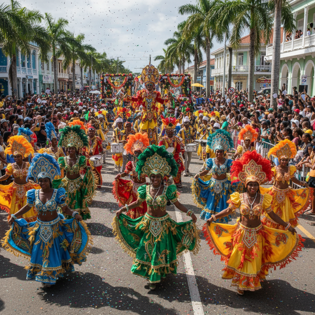 Colorful carnival parade with elaborate costumes and dancers in the streets of Roseau Dominica