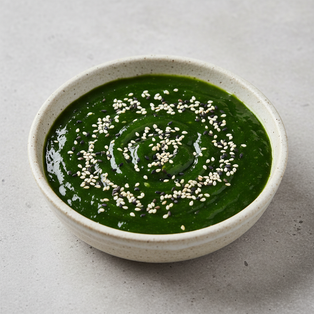 Dark green waika dried okra stew in a shallow bowl, thick and glossy, garnished with sesame seeds