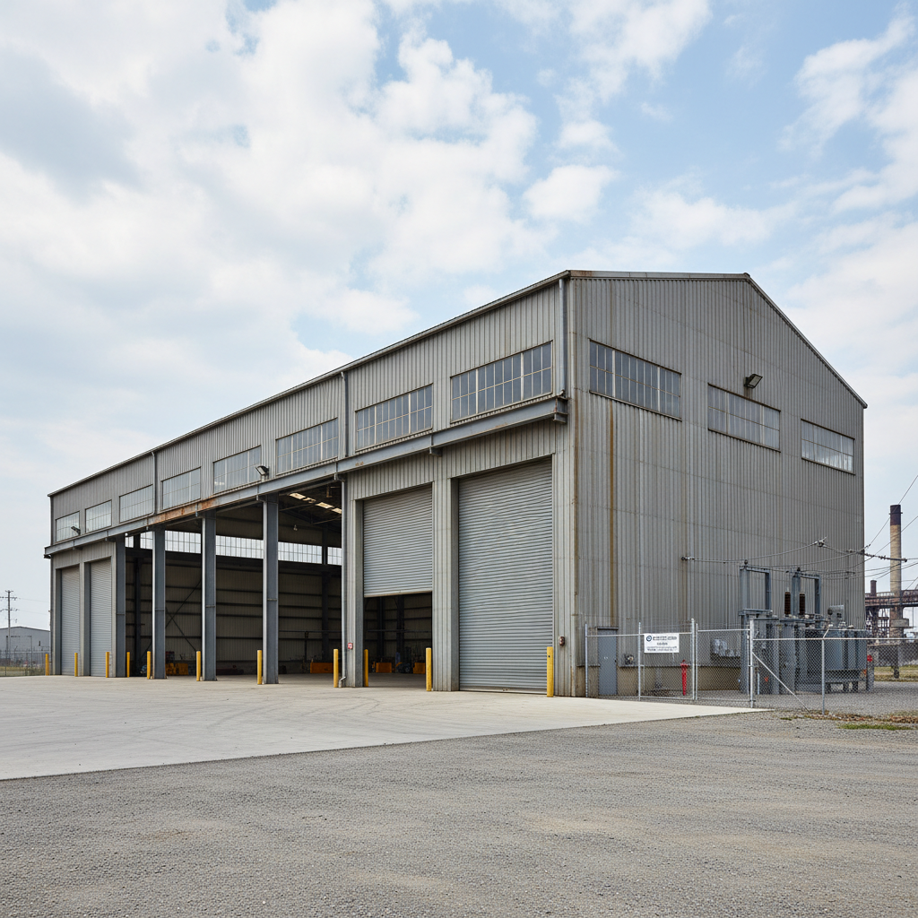 Large industrial warehouse building exterior, concrete tilt-up construction, steel doors, overcast sky, industrial setting