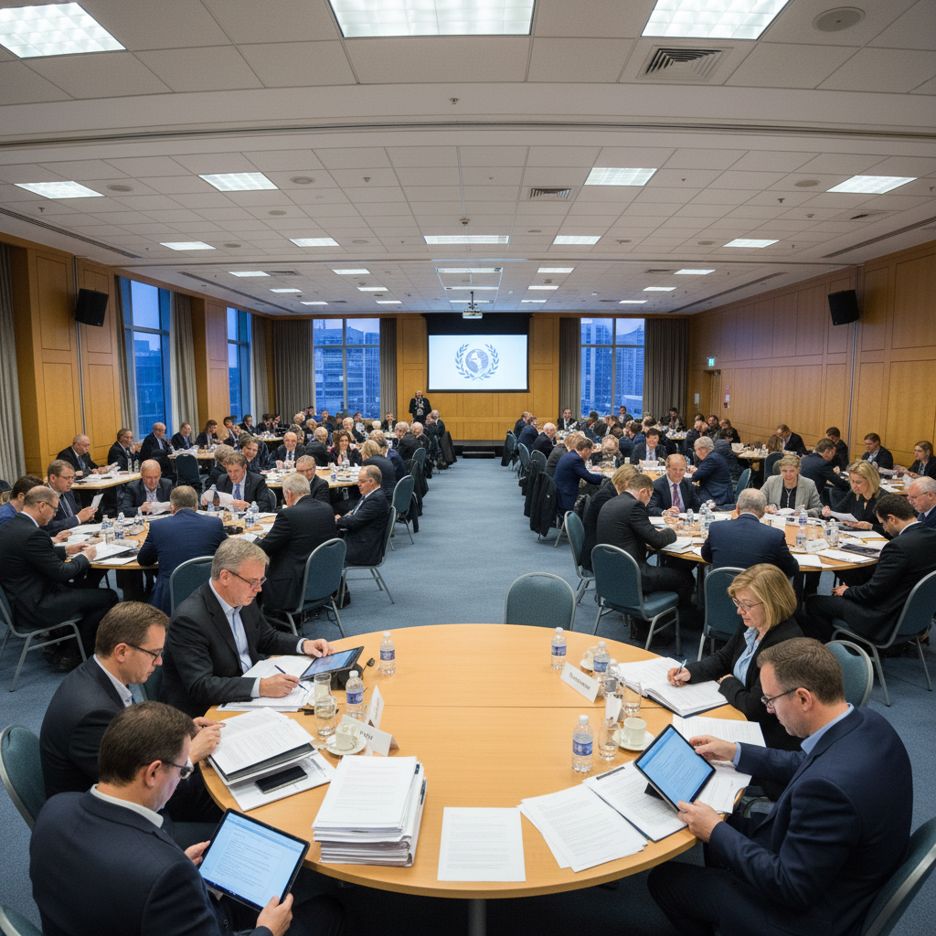 Policy summit conference room with legislators and advocates seated at round tables reviewing documents and briefing materials