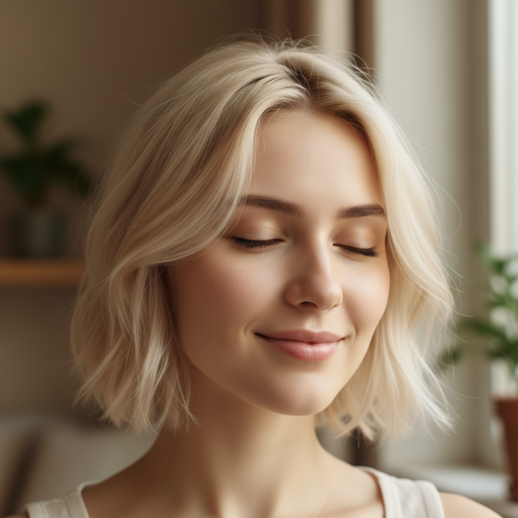 Cleo Hartmann, woman with short blonde hair in peaceful expression