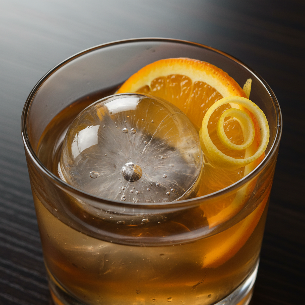 Craft cocktail with ice sphere and citrus garnish, black marble surface, moody low lighting