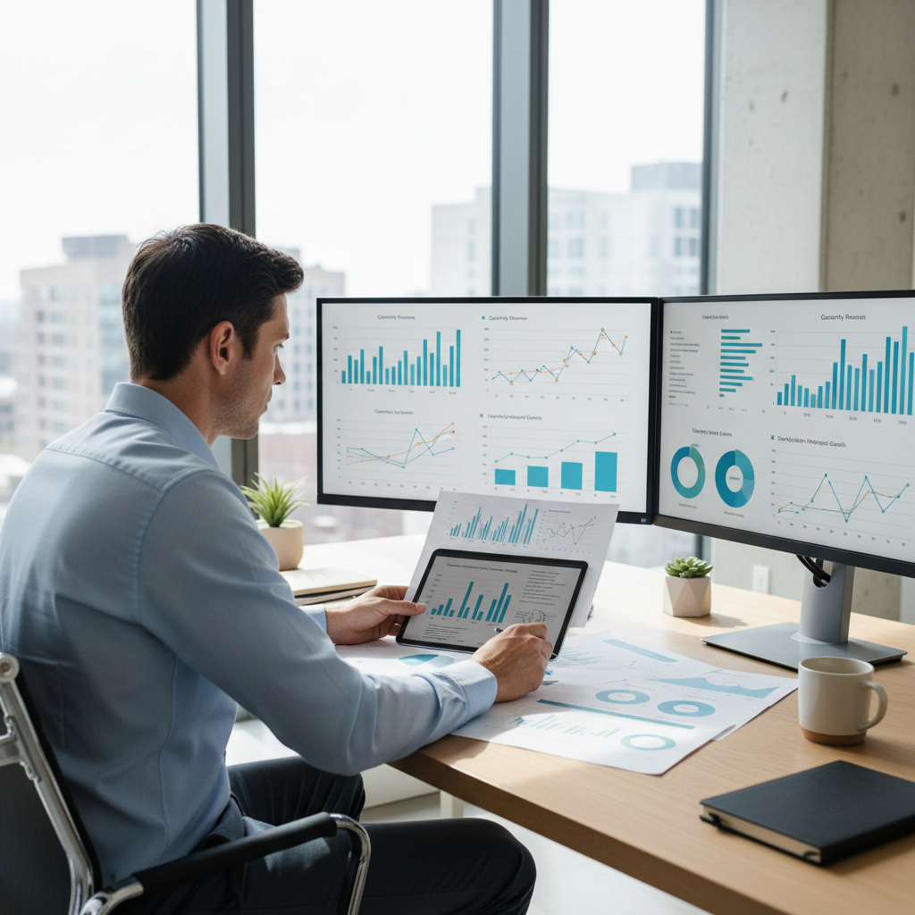 Person reviewing performance graphs on bright laptop screen in clean modern workspace with natural light