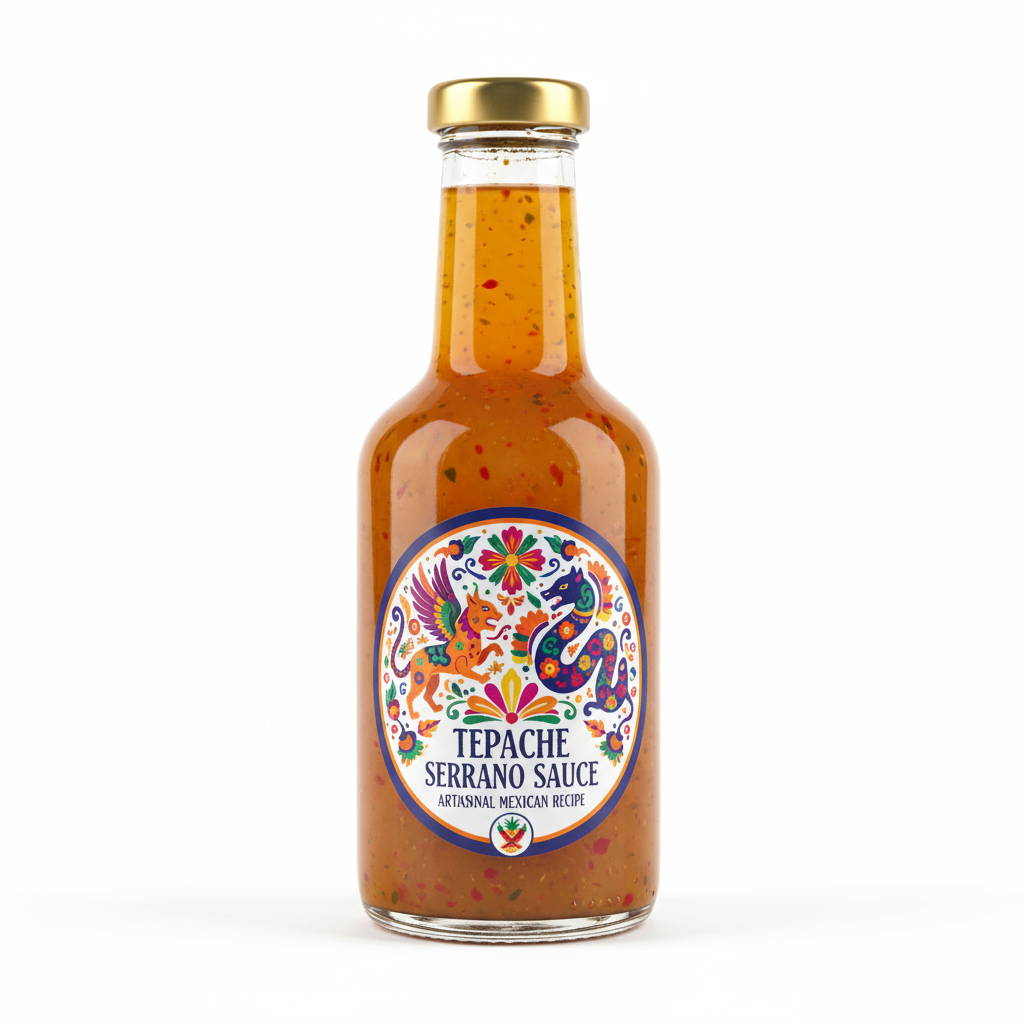 Golden amber tepache serrano sauce bottle with colorful Mexican folk art label