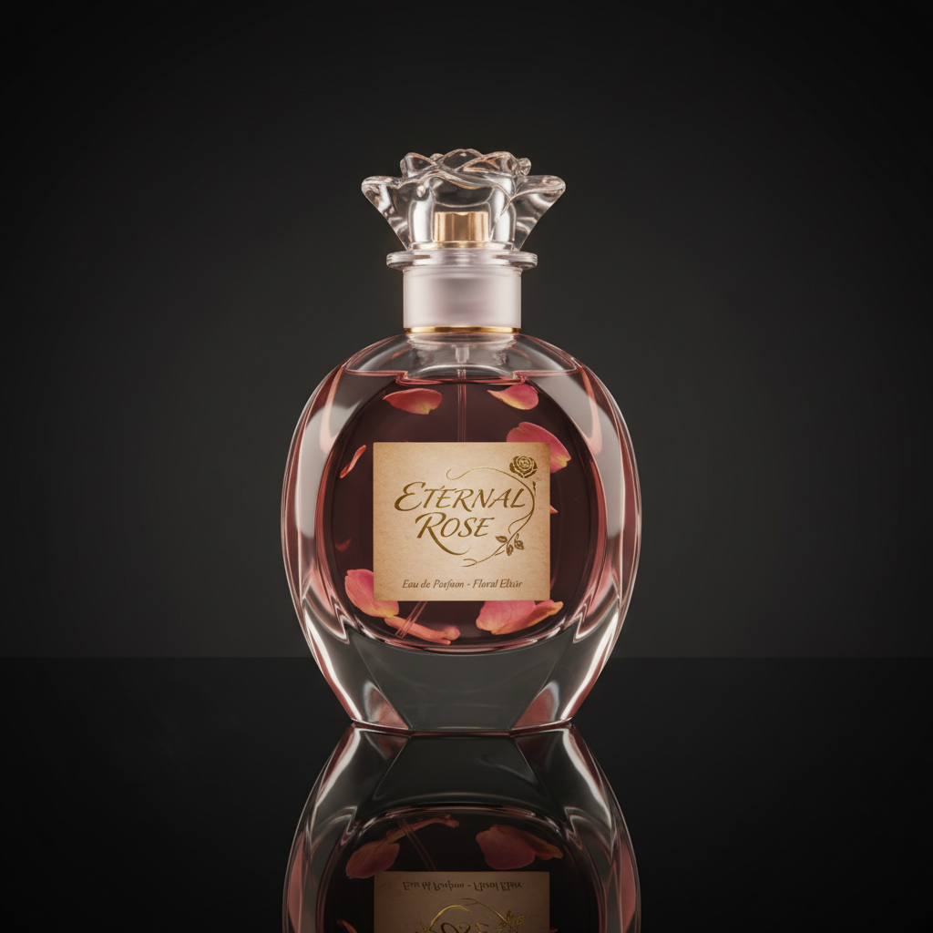 Beauty fragrance flat lay with dark rose petals and perfume bottle, luxury aesthetic Instagram content