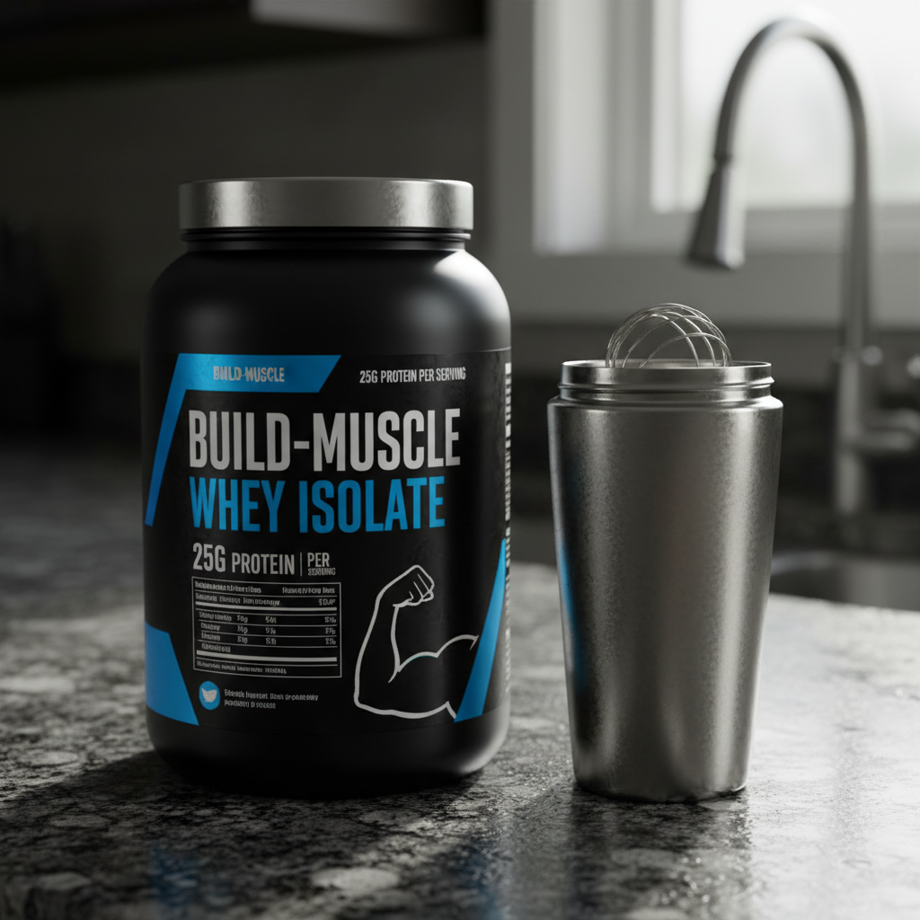 White protein powder container next to glass of smoothie on kitchen counter