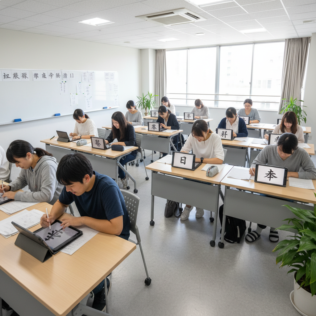 Japanese language class with students learning kanji characters on digital tablets