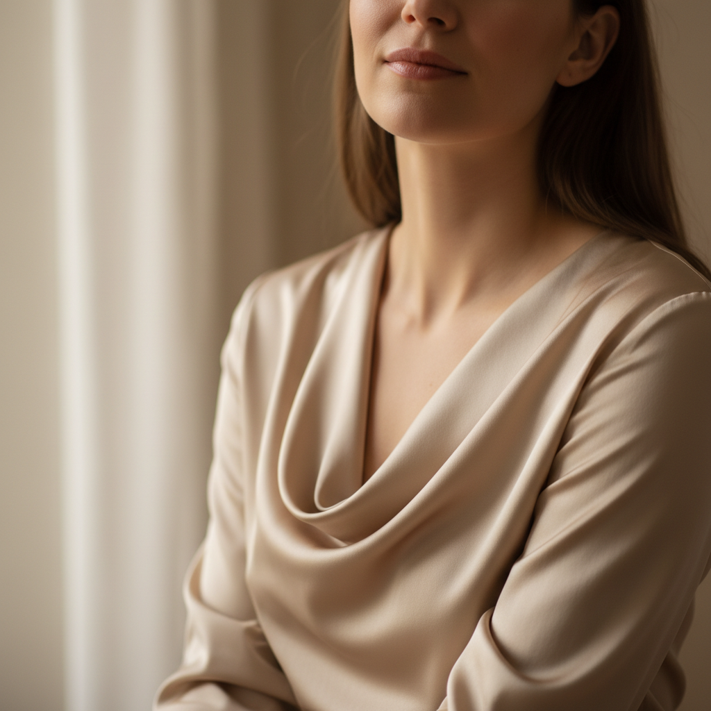 Silk draped blouse in ivory — luxury fashion apparel piece with fluid silhouette