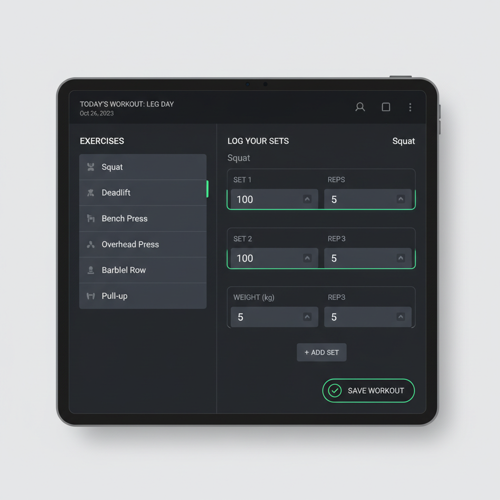 Fitness tracking mobile app interface showing workout statistics and progress charts on smartphone