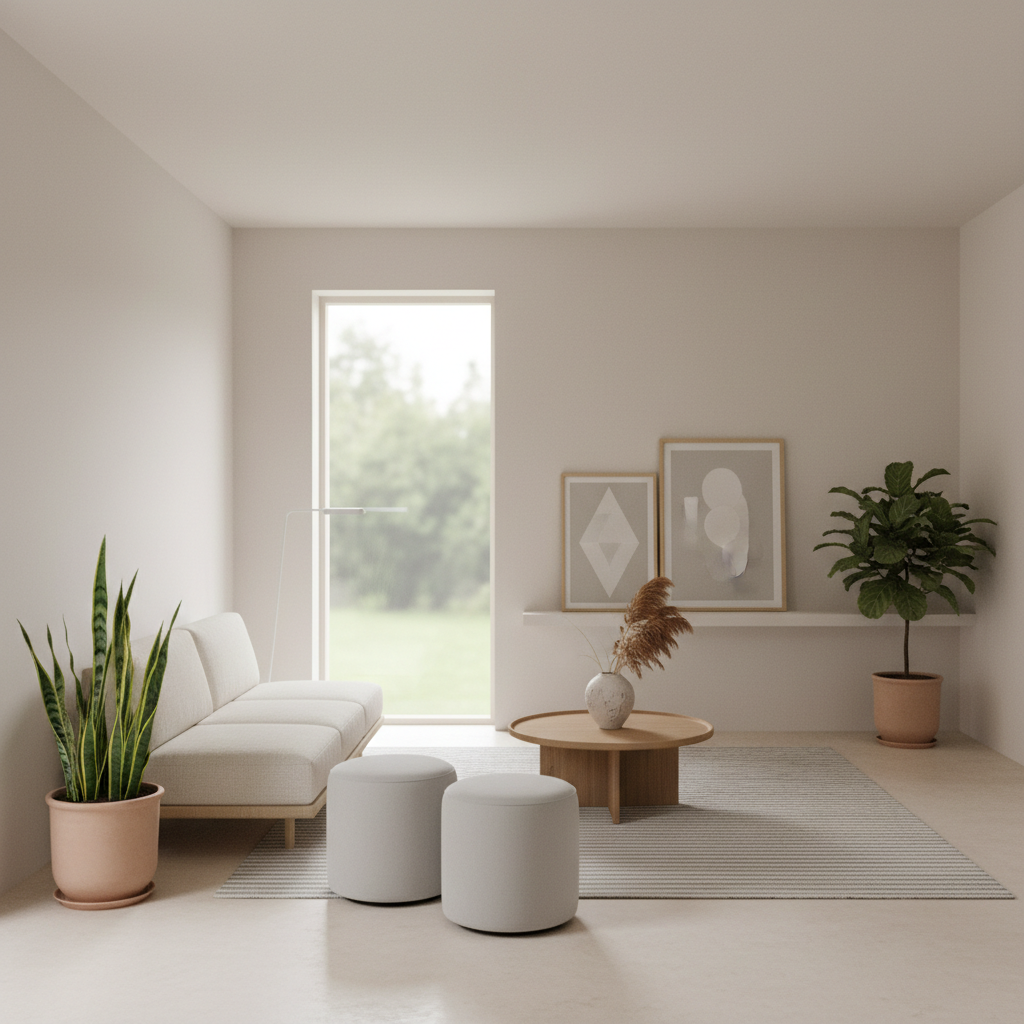 Minimalist living room with natural wood furniture, plants, and warm afternoon sunlight streaming through windows