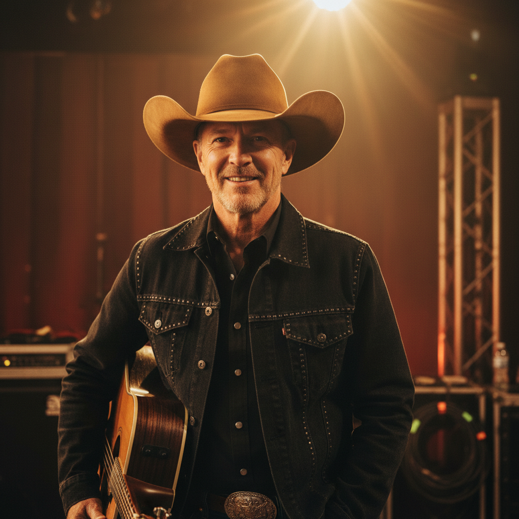 Country singer in western hat performing under warm spotlights, rustic wooden stage backdrop