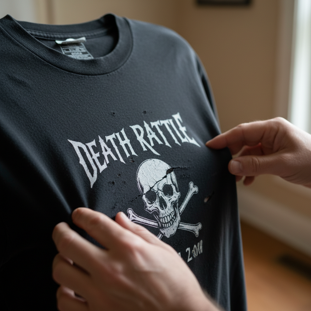 Hands running across the worn texture of a black band tee showing genuine fabric distress